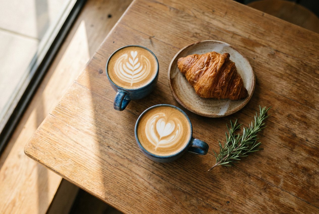 Illustrative overhead photo of two lattes and a croissant used in a fictional video concept