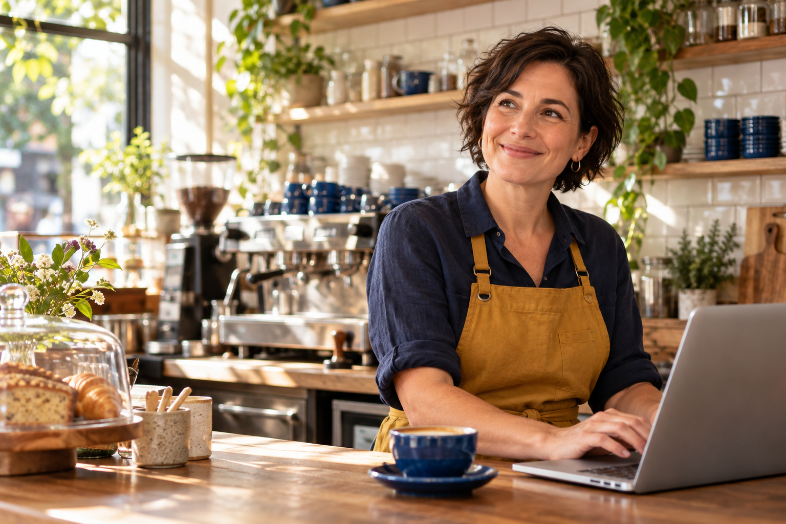 Illustrative café owner working at a laptop in a welcoming café