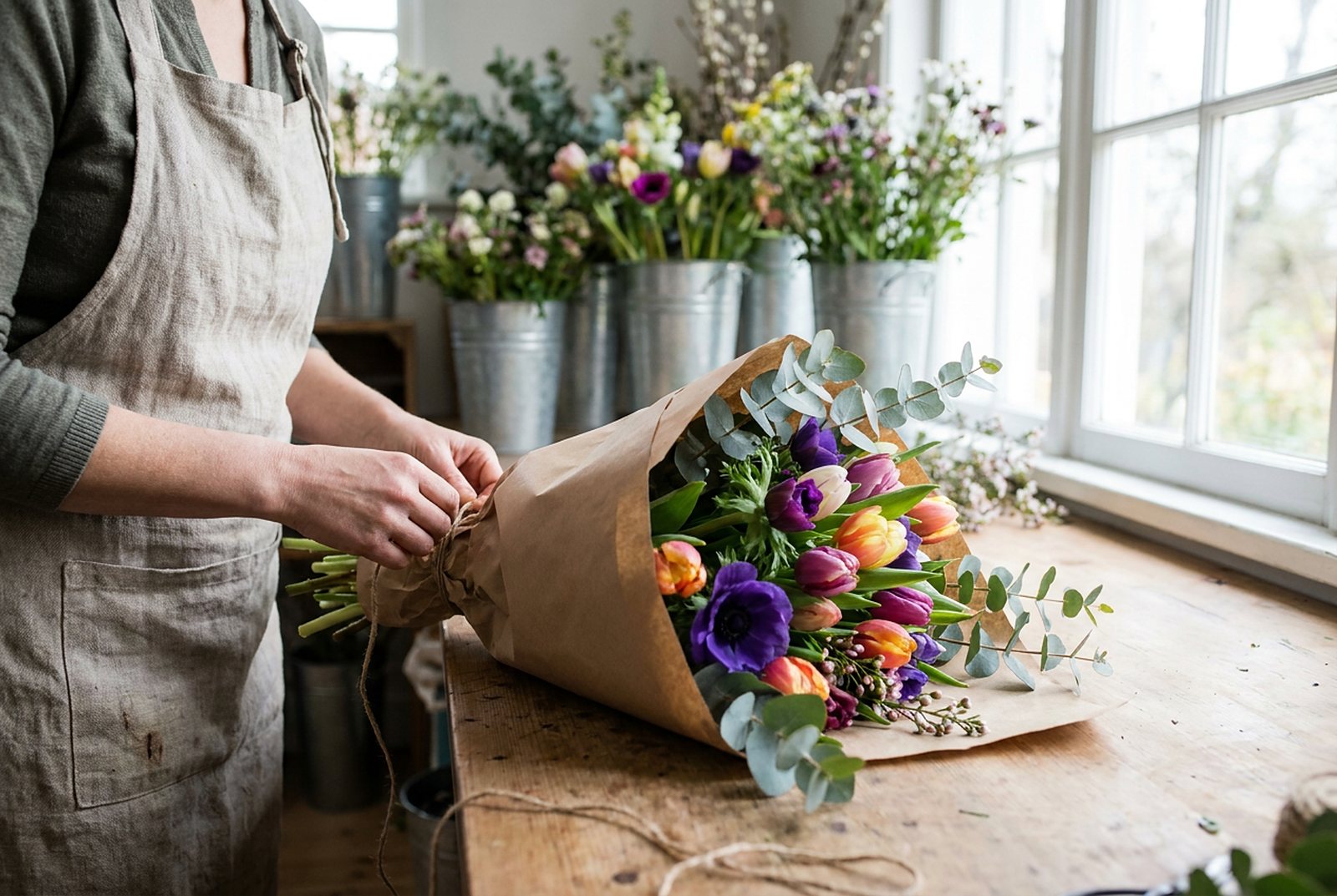 A florist wrapping a bouquet of tulips and anemones in kraft paper