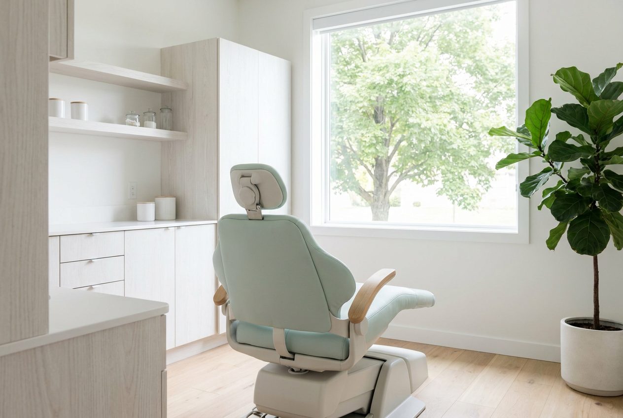 Illustrative photo of a bright, calm dental treatment room with a mint chair and a window onto trees