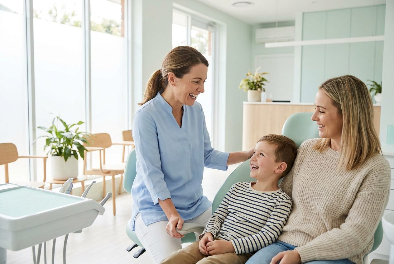 Illustrative photo of a smiling dentist chatting with a mother and her young son