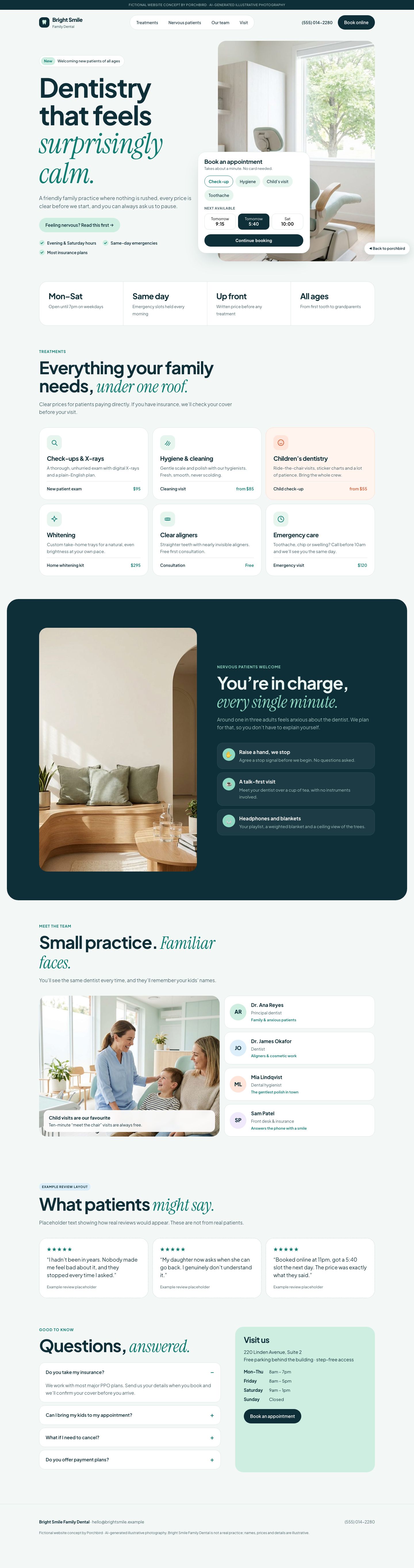 Full-page preview of the fictional Bright Smile Dental website concept