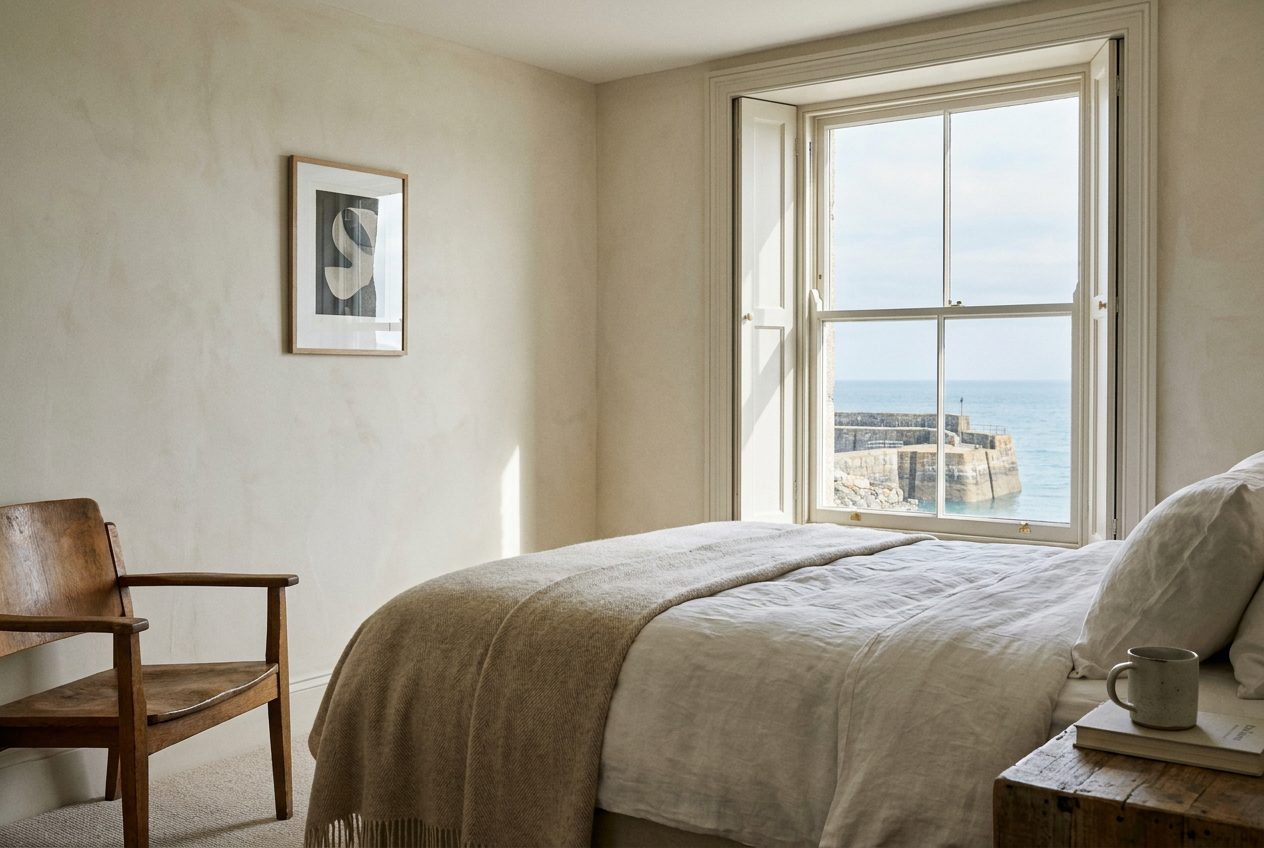 Illustrative photo of a calm bedroom with white linen and a sash window onto the sea
