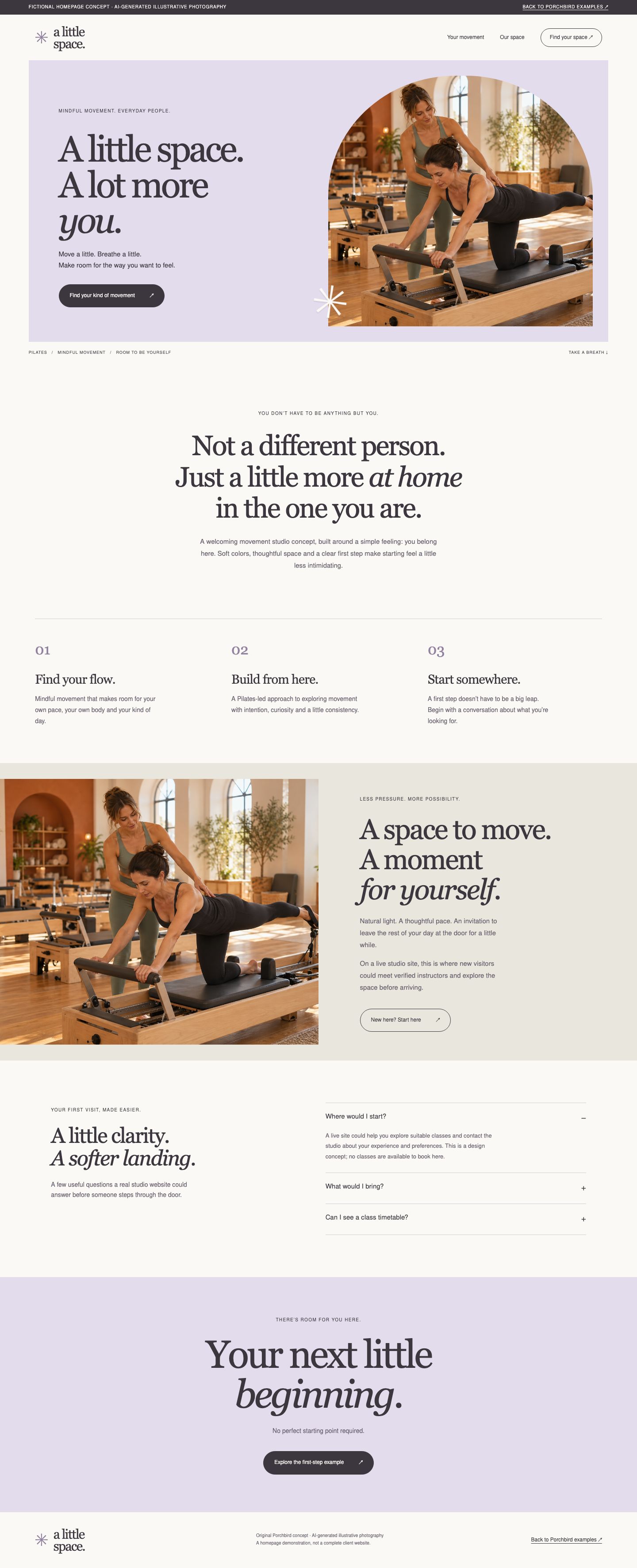 Full-page preview of the fictional A Little Space website concept