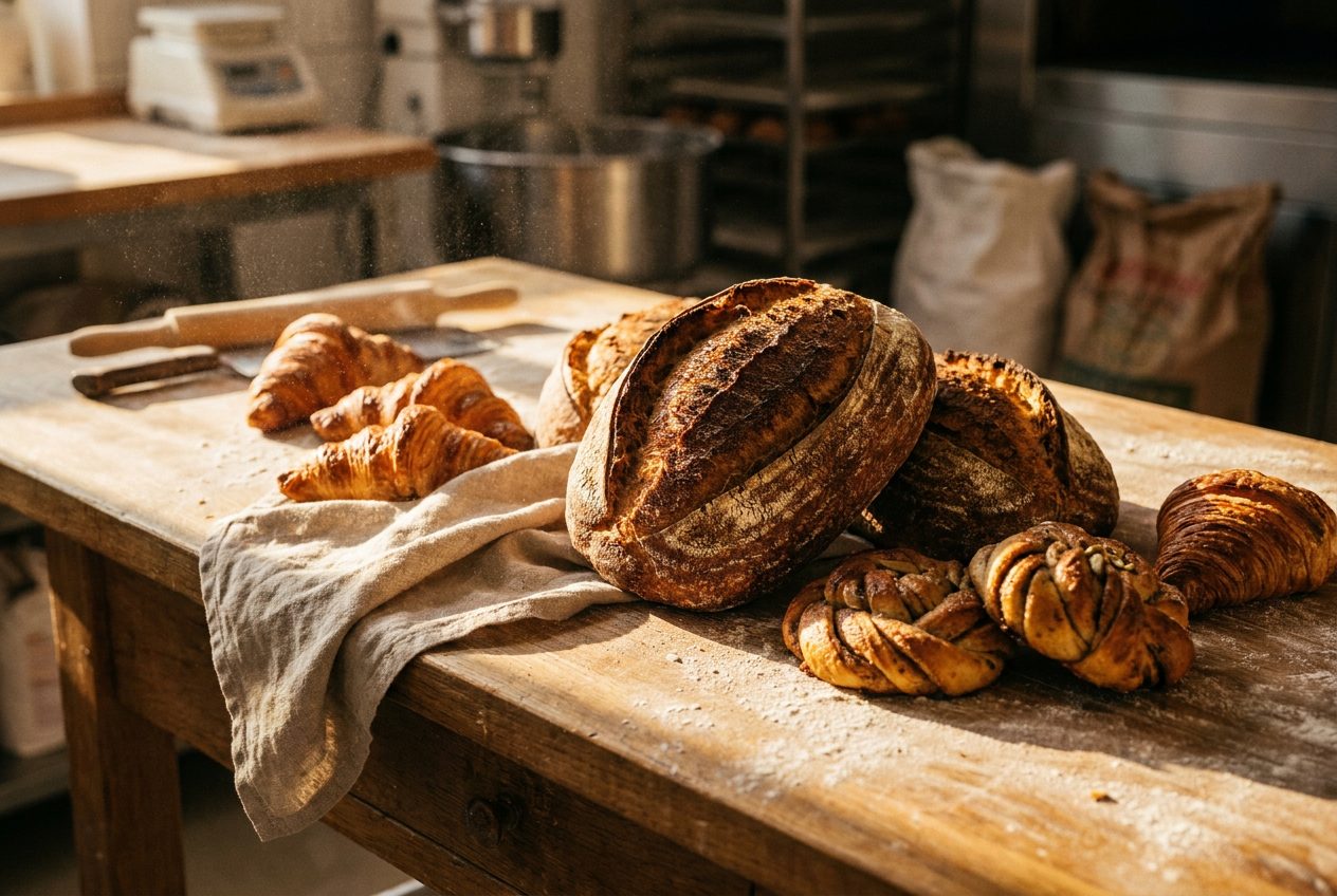 Illustrative photo of sourdough loaves and pastries on a floured wooden bench