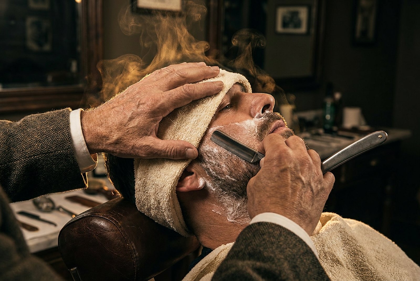 A barber giving a hot towel straight razor shave